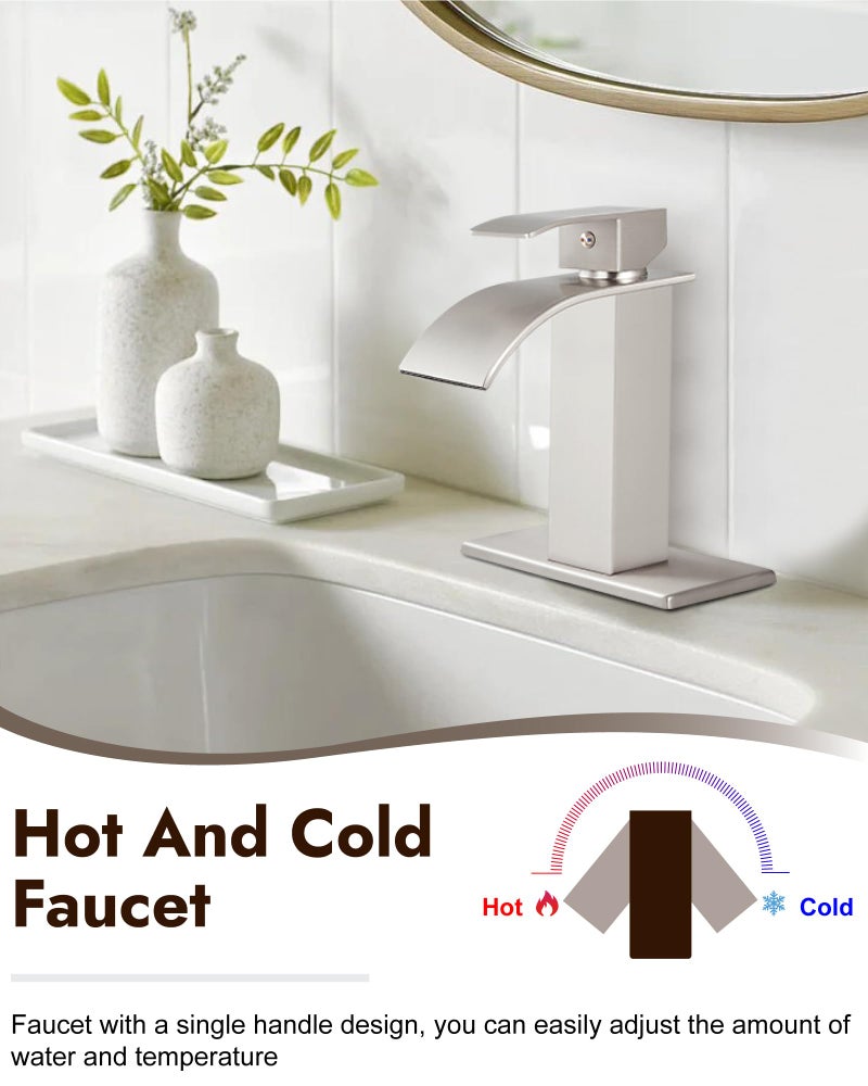 Midanya Single Hole Bathroom Faucet 1 Hole Waterfall Spout 304 Stainless Steel Bathroom Sink Faucet With Deck Plate And Pop-Up Drain Suitable For Rv Vanity Brushed Nickel - Image 3