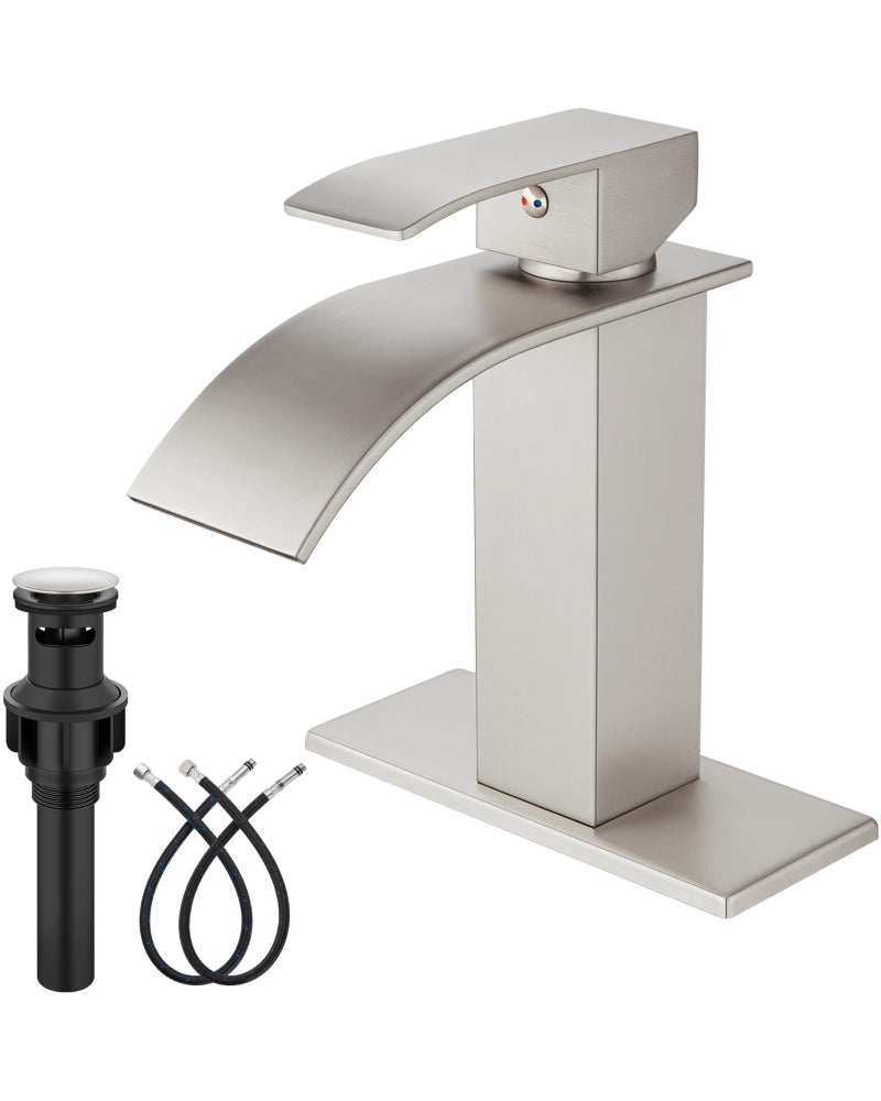 Midanya Single Hole Bathroom Faucet 1 Hole Waterfall Spout 304 Stainless Steel Bathroom Sink Faucet With Deck Plate And Pop-Up Drain Suitable For Rv Vanity Brushed Nickel - Image 1