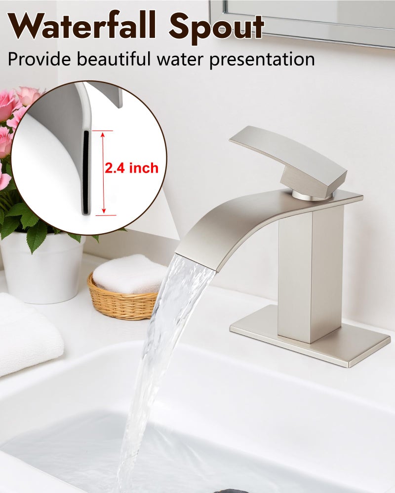 Midanya Single Hole Bathroom Faucet 1 Hole Waterfall Spout 304 Stainless Steel Bathroom Sink Faucet With Deck Plate And Pop-Up Drain Suitable For Rv Vanity Brushed Nickel - Image 2