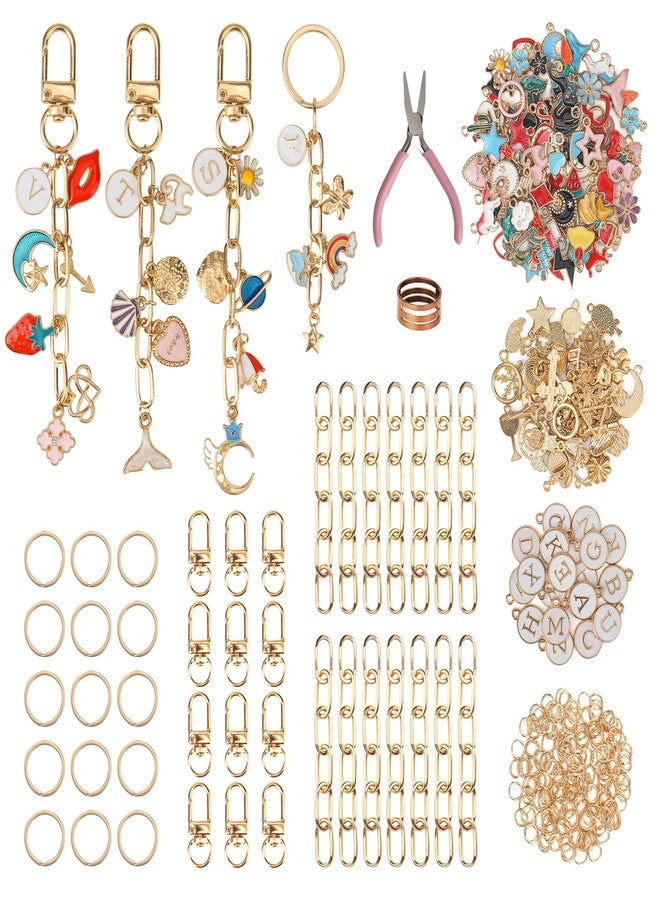 Starry 348Pcs Keychain Making Kit Bag Charm Kit 126 Charms 20 Keychain Clips with Key Ring Jewelry Plier,30 Extender Chain Swivel Snap Hooks Gold Charms 150 Jump Ring DIY Craft Supplies - Image 1