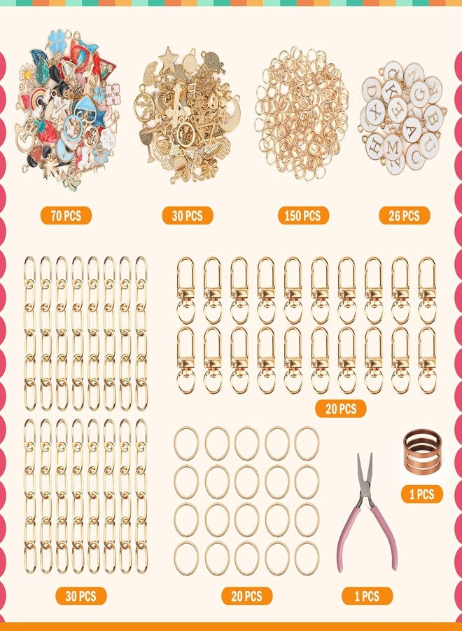 Starry 348Pcs Keychain Making Kit Bag Charm Kit 126 Charms 20 Keychain Clips with Key Ring Jewelry Plier,30 Extender Chain Swivel Snap Hooks Gold Charms 150 Jump Ring DIY Craft Supplies - Image 2