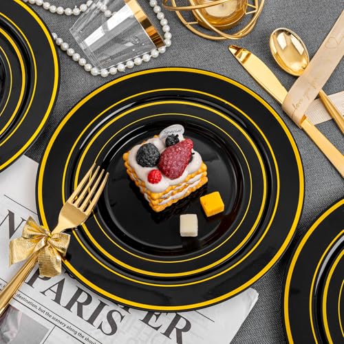 bUCLA 150 Pieces Black and Gold Disposable Dinnerware Set - 25 Guests Black Gold Plastic Plates Include 25 Dinner & 25 Dessert Plates, 25 Spoons, 25 Forks, 25 Knives, 25 Cups for Party & Halloween - Image 3