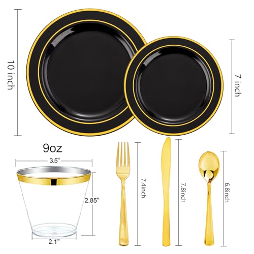 bUCLA 150 Pieces Black and Gold Disposable Dinnerware Set - 25 Guests Black Gold Plastic Plates Include 25 Dinner & 25 Dessert Plates, 25 Spoons, 25 Forks, 25 Knives, 25 Cups for Party & Halloween - Image 2
