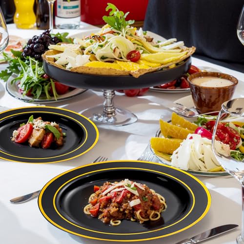 bUCLA 150 Pieces Black and Gold Disposable Dinnerware Set - 25 Guests Black Gold Plastic Plates Include 25 Dinner & 25 Dessert Plates, 25 Spoons, 25 Forks, 25 Knives, 25 Cups for Party & Halloween - Image 4