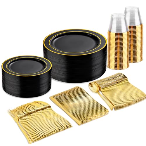 bUCLA 150 Pieces Black and Gold Disposable Dinnerware Set - 25 Guests Black Gold Plastic Plates Include 25 Dinner & 25 Dessert Plates, 25 Spoons, 25 Forks, 25 Knives, 25 Cups for Party & Halloween - Image 1