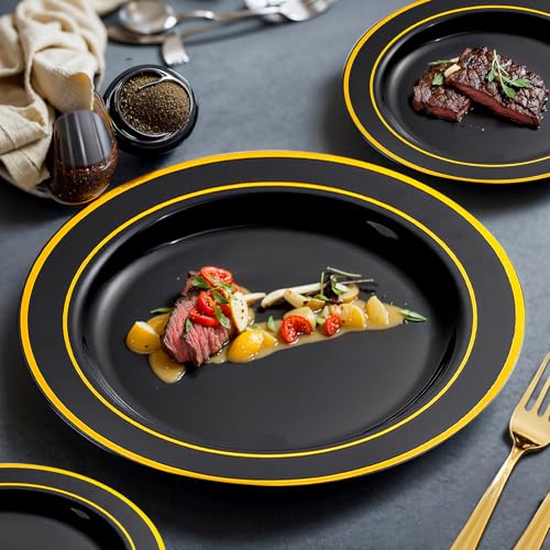 bUCLA 150 Pieces Black and Gold Disposable Dinnerware Set - 25 Guests Black Gold Plastic Plates Include 25 Dinner & 25 Dessert Plates, 25 Spoons, 25 Forks, 25 Knives, 25 Cups for Party & Halloween - Image 5