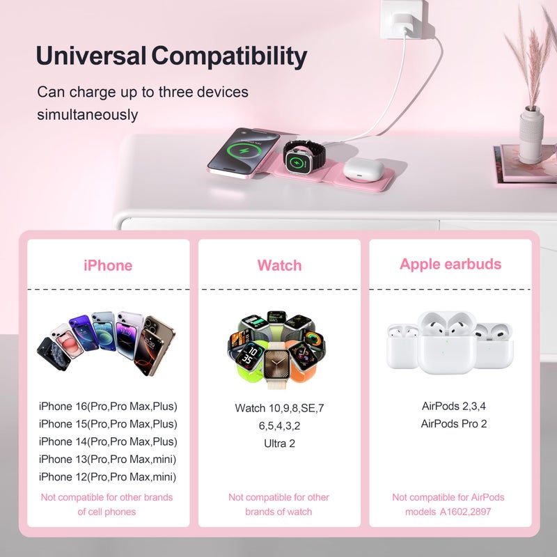 UCOMX 3 in 1 Charging Station for Multple Devices,Foldable 3 in 1 Wireless Charger for Travel,Nano Wireless Charging Station for iPhone16 15 14 13 12 Pro Max/Watch 10 9 8 7 6 5 4 3 Ultra/AirPod Pro - Image 4