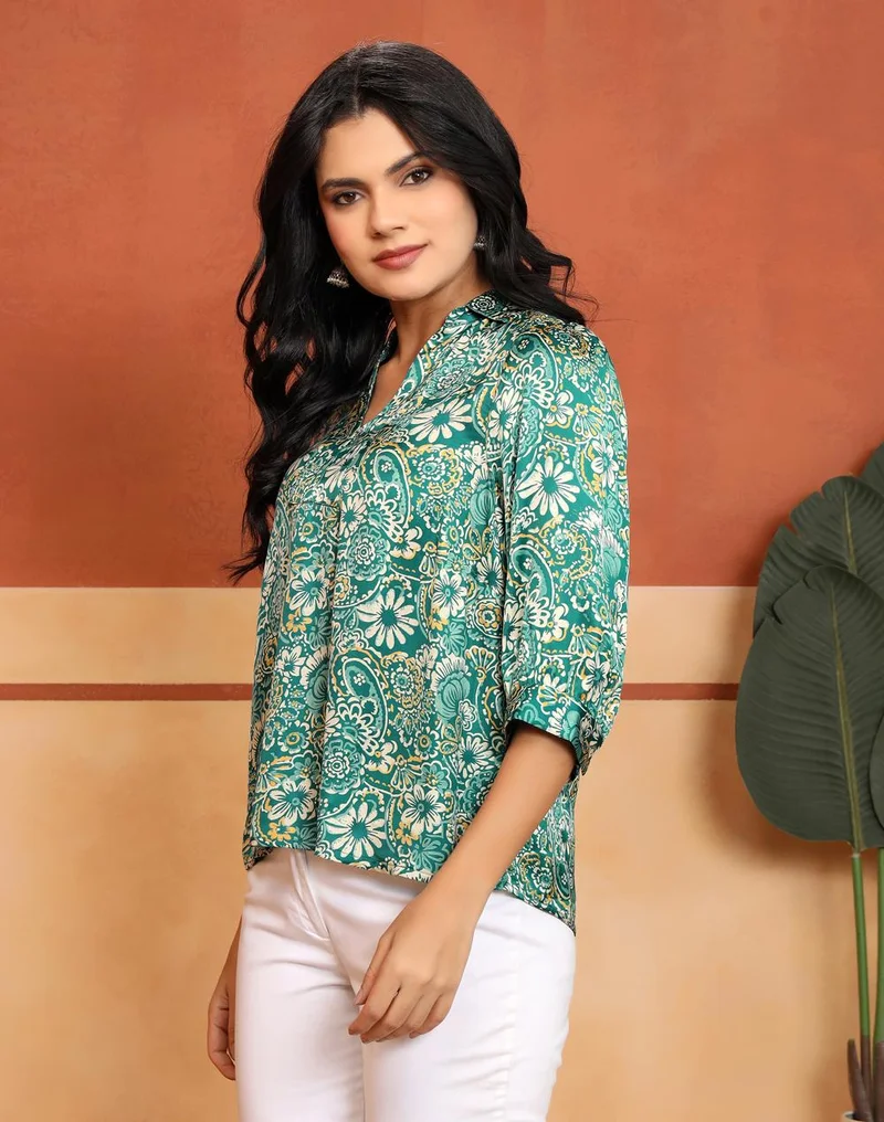 Fabindia  Green Rayon Blend HB Floral Top for Women | Best Price UAE