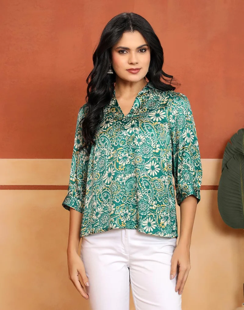 Fabindia  Green Rayon Blend HB Floral Top for Women | Best Price UAE