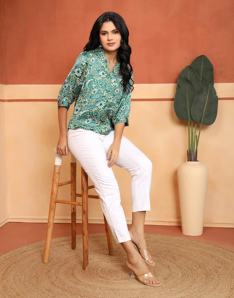Fabindia  Green Rayon Blend HB Floral Top for Women | Best Price UAE
