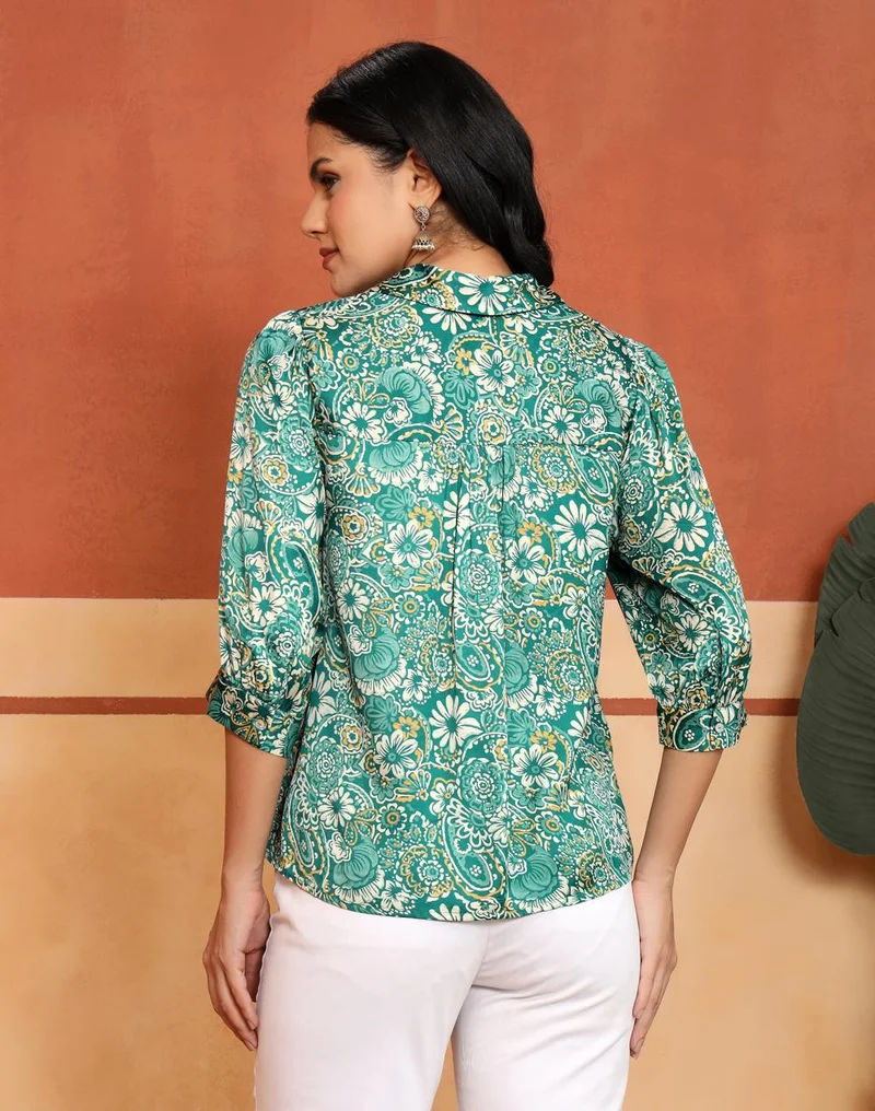 Fabindia  Green Rayon Blend HB Floral Top for Women | Best Price UAE
