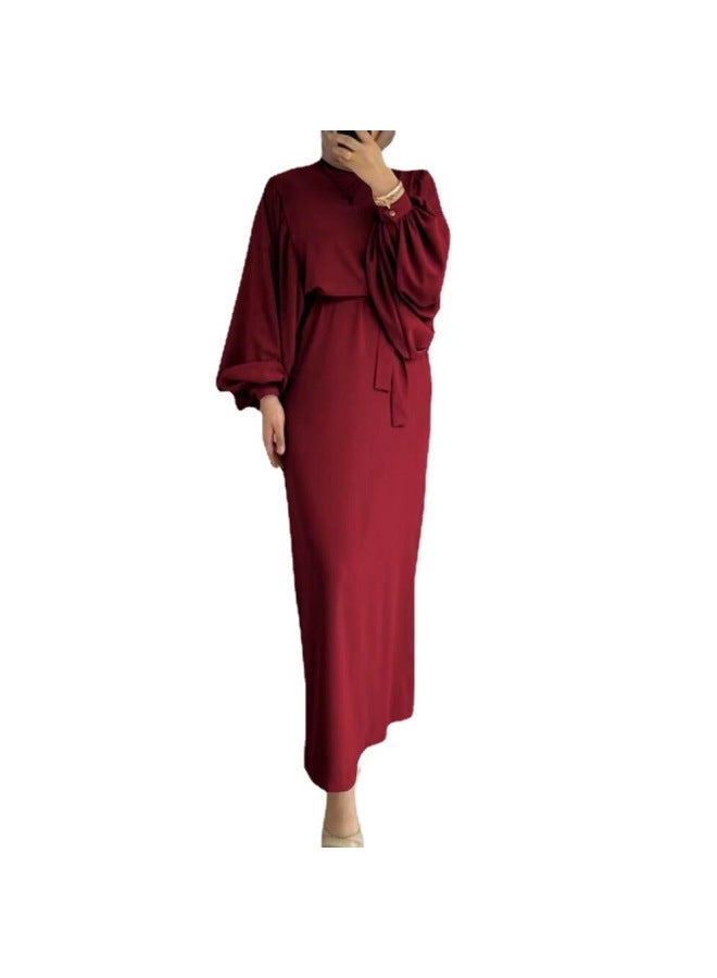 2025 Muslim Fashion Lantern Sleeve Waist Hip Hip Long Sleeve Dress - Image 5