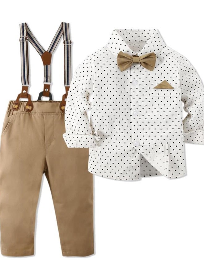 SANGTREE Baby Boy Dress Clothes Outfits, Button Down Shirts with Bow Tie and Suspender Pants Gentleman Wear Sets for Baby Boys, Polka Dot Khaki, 3-4T = Tag 120 - Image 1