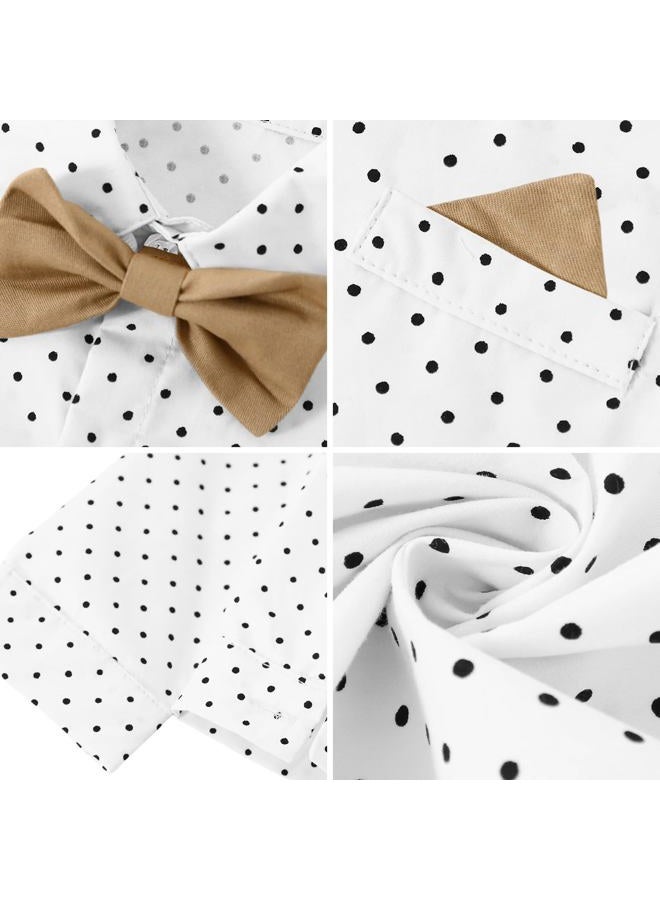 SANGTREE Baby Boy Dress Clothes Outfits, Button Down Shirts with Bow Tie and Suspender Pants Gentleman Wear Sets for Baby Boys, Polka Dot Khaki, 3-4T = Tag 120 - Image 4