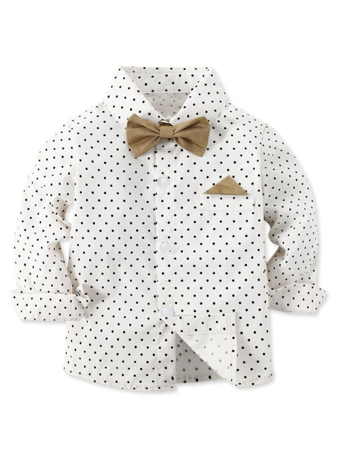 SANGTREE Baby Boy Dress Clothes Outfits, Button Down Shirts with Bow Tie and Suspender Pants Gentleman Wear Sets for Baby Boys, Polka Dot Khaki, 3-4T = Tag 120 - Image 2