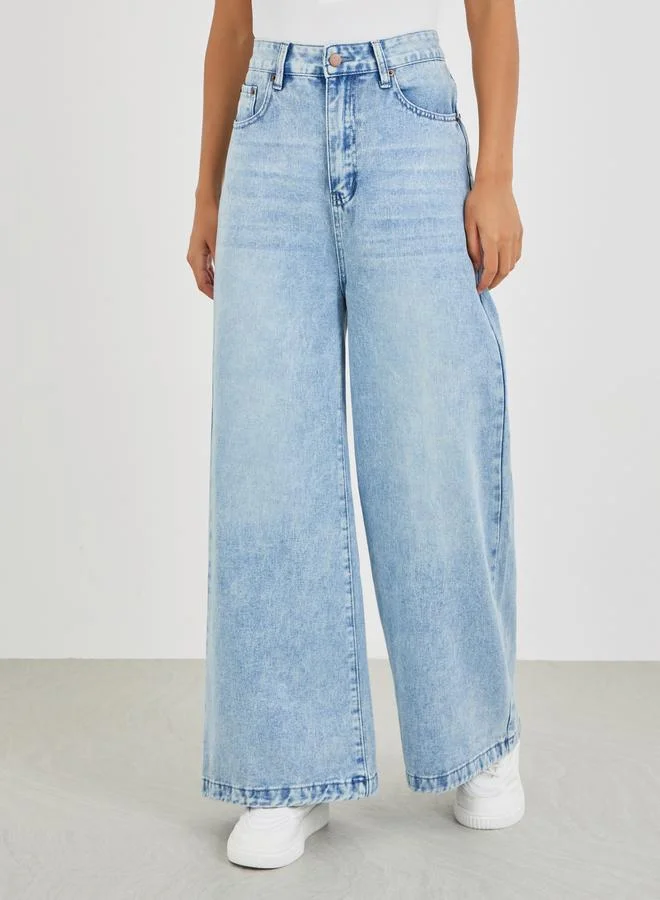 ستايلي Styli Mid Rise Wide Leg Faded Jeans