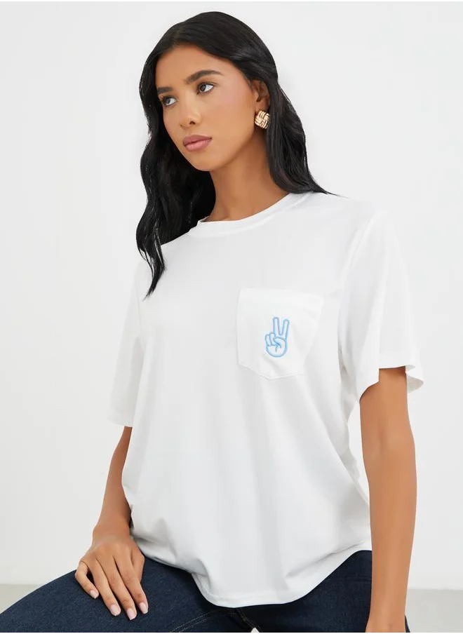 تايك تو Take Two Embroidered Round Neck T-Shirt