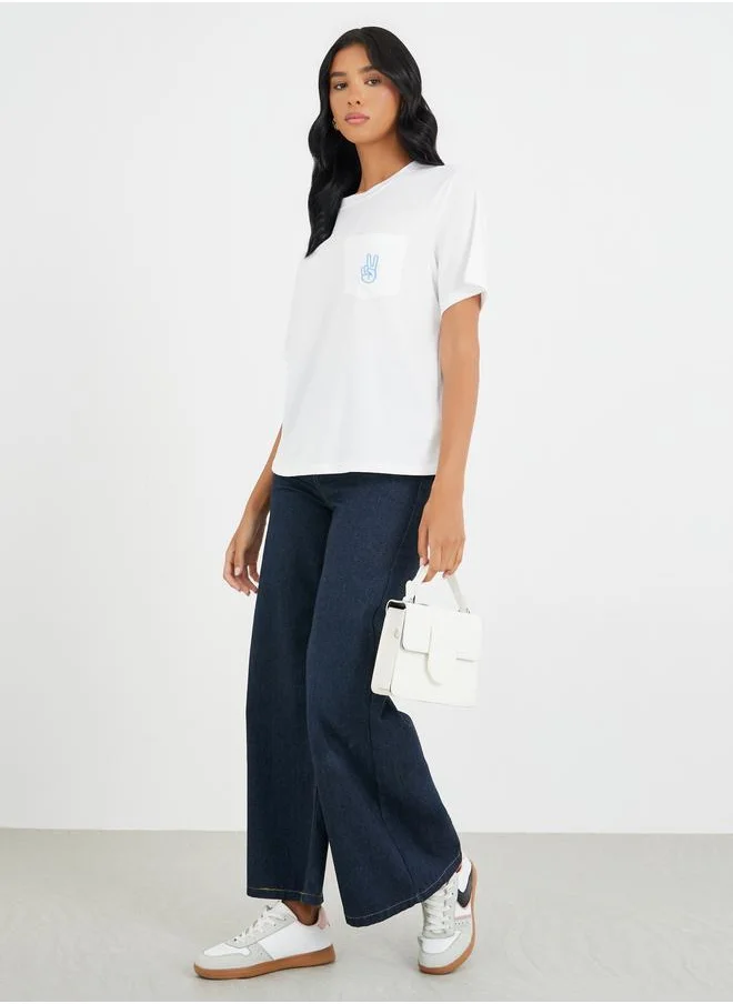 تايك تو Take Two Embroidered Round Neck T-Shirt