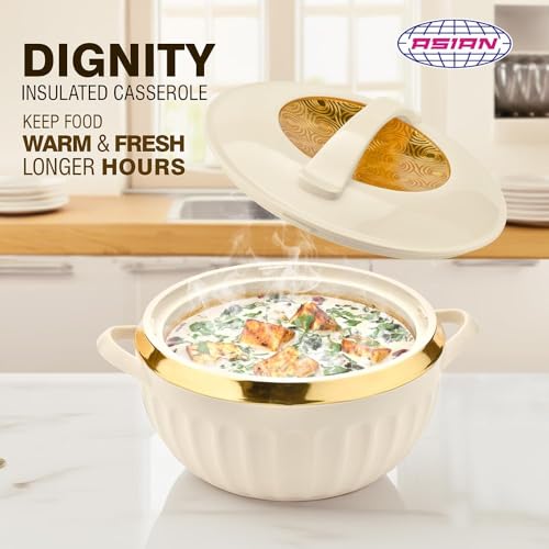 Asian Plastowares Dignity Casserole 1600ml | Premium Insulated Hotpot with Inner Steel Lid | Elegant Diwali Gift Set | Kitchen Storage Dinnerware Combo | Beige - Image 3