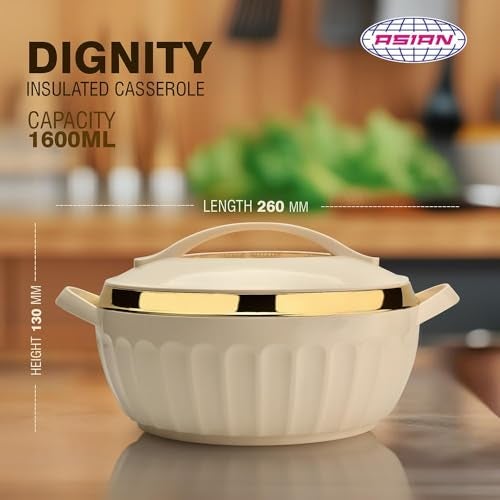 Asian Plastowares Dignity Casserole 1600ml | Premium Insulated Hotpot with Inner Steel Lid | Elegant Diwali Gift Set | Kitchen Storage Dinnerware Combo | Beige - Image 5