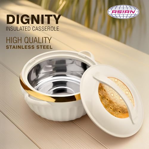 Asian Plastowares Dignity Casserole 1600ml | Premium Insulated Hotpot with Inner Steel Lid | Elegant Diwali Gift Set | Kitchen Storage Dinnerware Combo | Beige - Image 2