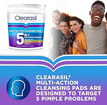 Clearasil أقراص كليراسيل 5 في 1 متعددة الإجراءات لتنظيف الوجه بحمض الساليسيليك لتقشير البشرة المعرضة لحب الشباب، تفتح المسام، تقلل من الرؤوس السوداء، البثور، والزيوت الزائدة، للوقاية من البقع اليومية، عبوة 65 قطعة، عبوة من 2 - Image 5