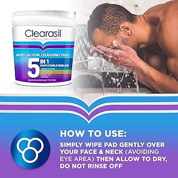 Clearasil أقراص كليراسيل 5 في 1 متعددة الإجراءات لتنظيف الوجه بحمض الساليسيليك لتقشير البشرة المعرضة لحب الشباب، تفتح المسام، تقلل من الرؤوس السوداء، البثور، والزيوت الزائدة، للوقاية من البقع اليومية، عبوة 65 قطعة، عبوة من 2 - Image 3