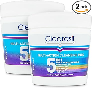 Clearasil أقراص كليراسيل 5 في 1 متعددة الإجراءات لتنظيف الوجه بحمض الساليسيليك لتقشير البشرة المعرضة لحب الشباب، تفتح المسام، تقلل من الرؤوس السوداء، البثور، والزيوت الزائدة، للوقاية من البقع اليومية، عبوة 65 قطعة، عبوة من 2 - Image 1