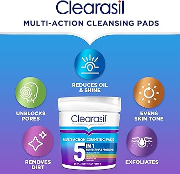 Clearasil أقراص كليراسيل 5 في 1 متعددة الإجراءات لتنظيف الوجه بحمض الساليسيليك لتقشير البشرة المعرضة لحب الشباب، تفتح المسام، تقلل من الرؤوس السوداء، البثور، والزيوت الزائدة، للوقاية من البقع اليومية، عبوة 65 قطعة، عبوة من 2 - Image 2