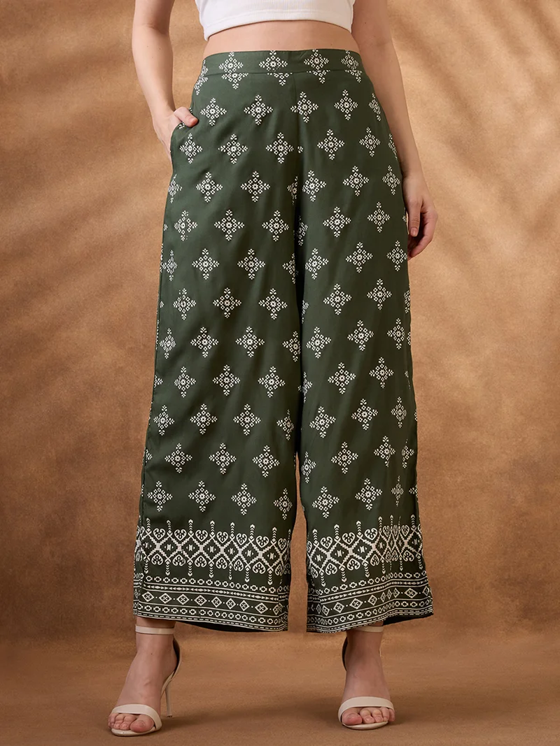 جلو باص بنطلون نسائي واسع الساق بطبعة عرقية خضراء بخصر متوسط