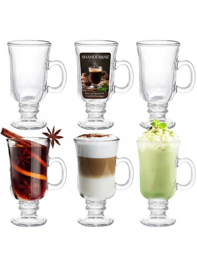 SHANDERBAR Set of 6 Irish Coffee Mugs, 8.8 Oz Irish Coffee Glasses Glass Cup with Handle & Footed Stem Base, Clear Glass Mugs Glass Espresso Cups for Coffee, Hot Cold Beverages, Tea, Latte, Cappuccino, Smoothie - Image 1