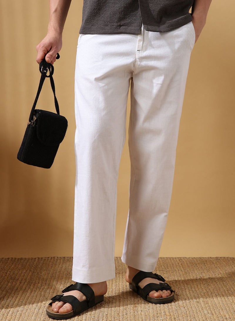 Dennis Lingo Men'S White 100% Cotton Solid Pattern Full Length Chinos Relaxed Trouser - Image 1