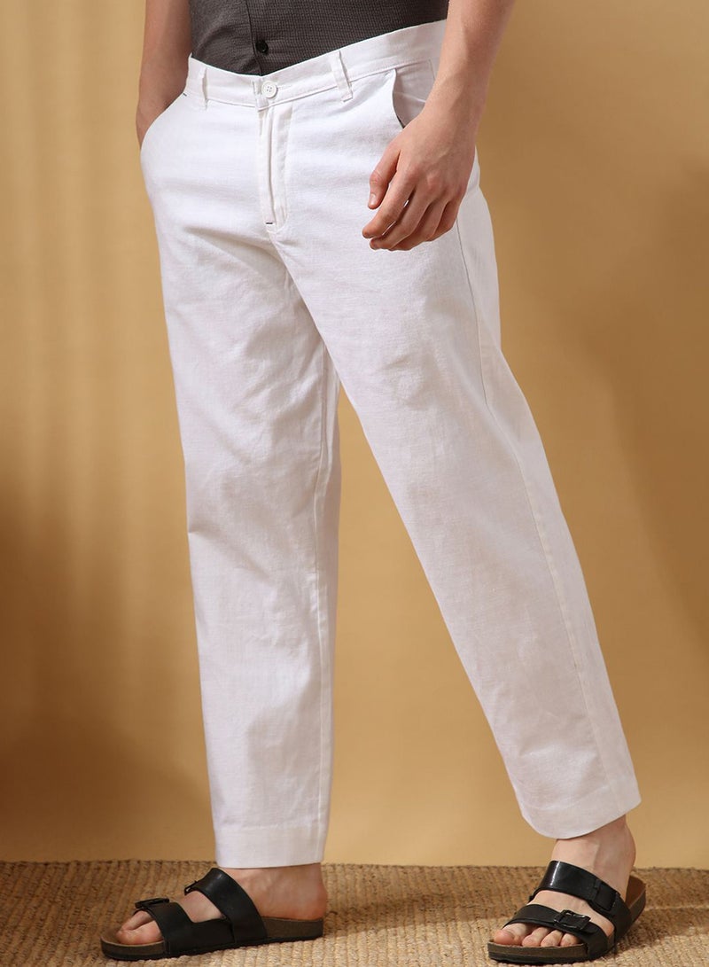 Dennis Lingo Men'S White 100% Cotton Solid Pattern Full Length Chinos Relaxed Trouser - Image 2