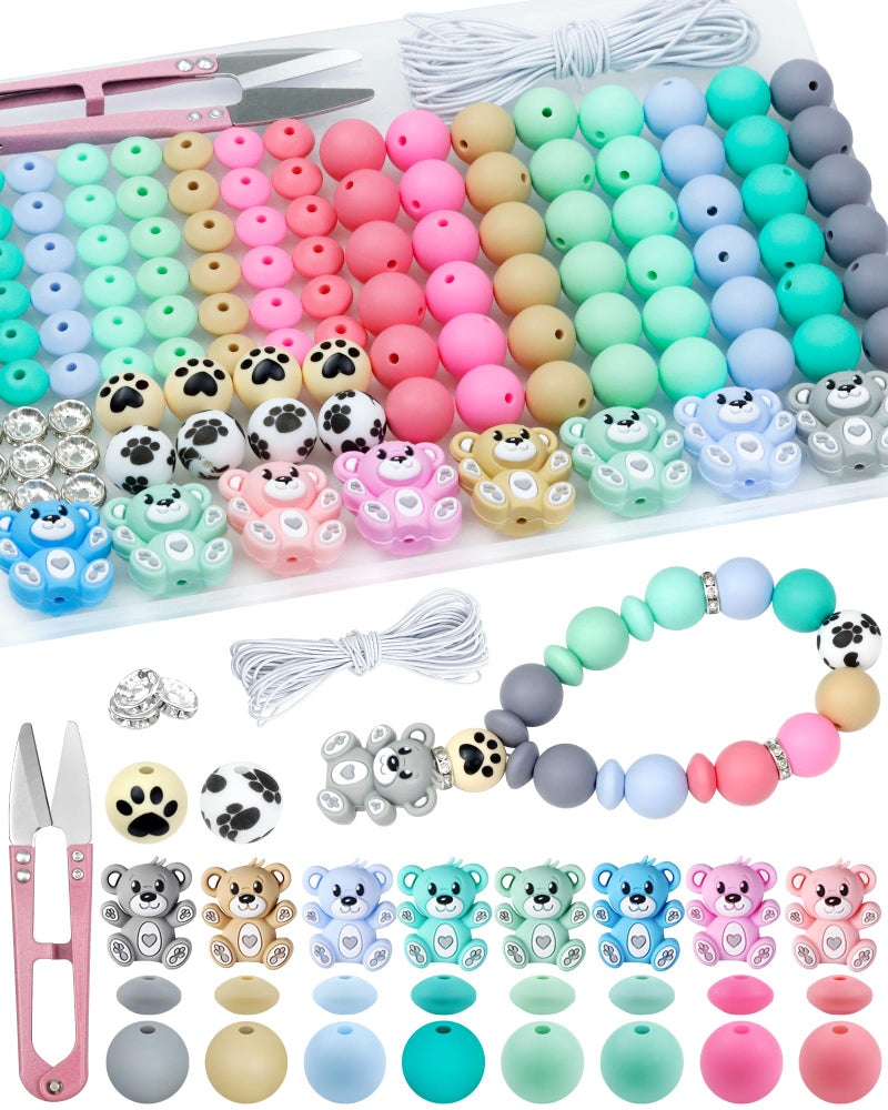 FIVEIZERO 124PCS FIVEIZERO Silicone Focal Beads for Keychain Making, Animal Bear, 15mm Round 12mm Lentil & 10mm Rhinestone Beads for Pens, Bracelets & Crafts with Elastic Cord & Scissors - Image 1