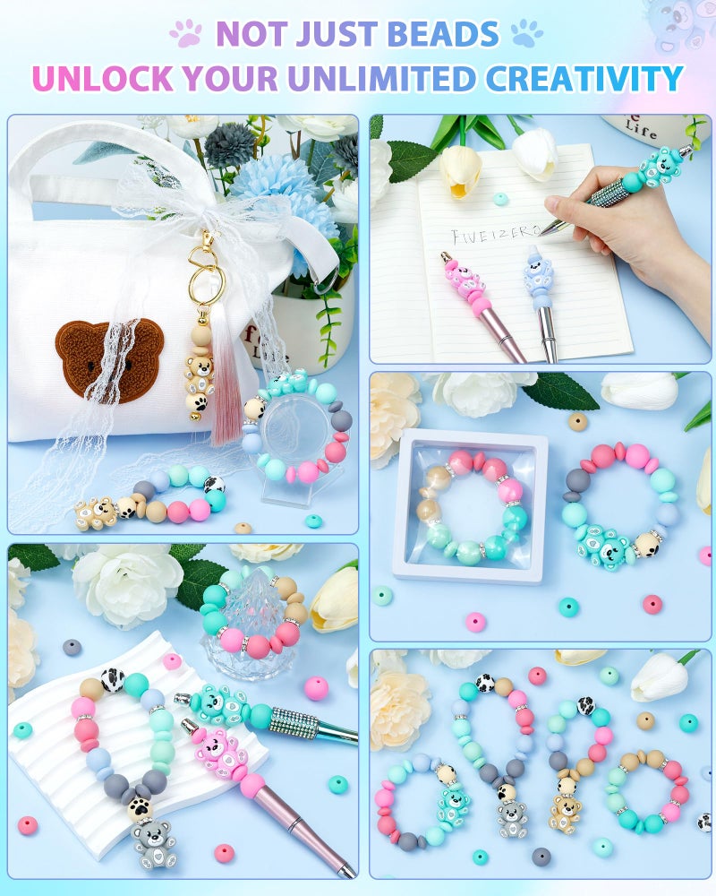 FIVEIZERO 124PCS FIVEIZERO Silicone Focal Beads for Keychain Making, Animal Bear, 15mm Round 12mm Lentil & 10mm Rhinestone Beads for Pens, Bracelets & Crafts with Elastic Cord & Scissors - Image 5
