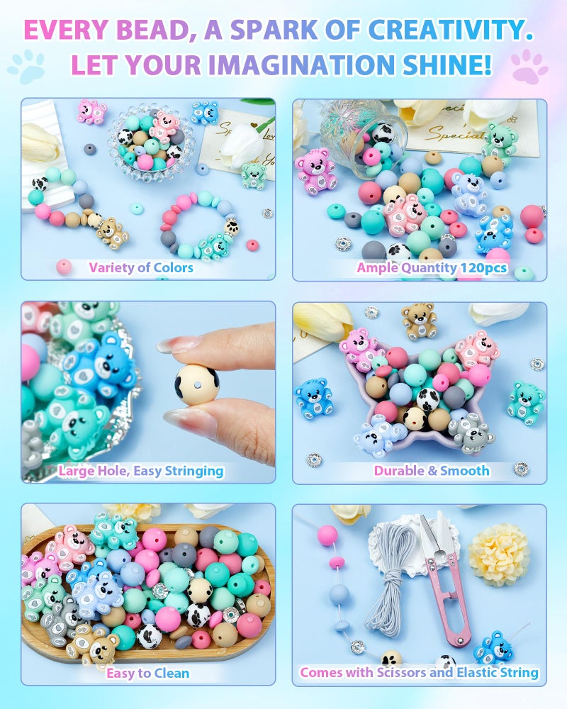 FIVEIZERO 124PCS FIVEIZERO Silicone Focal Beads for Keychain Making, Animal Bear, 15mm Round 12mm Lentil & 10mm Rhinestone Beads for Pens, Bracelets & Crafts with Elastic Cord & Scissors - Image 3