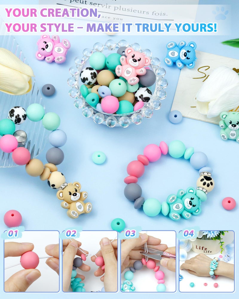 FIVEIZERO 124PCS FIVEIZERO Silicone Focal Beads for Keychain Making, Animal Bear, 15mm Round 12mm Lentil & 10mm Rhinestone Beads for Pens, Bracelets & Crafts with Elastic Cord & Scissors - Image 4