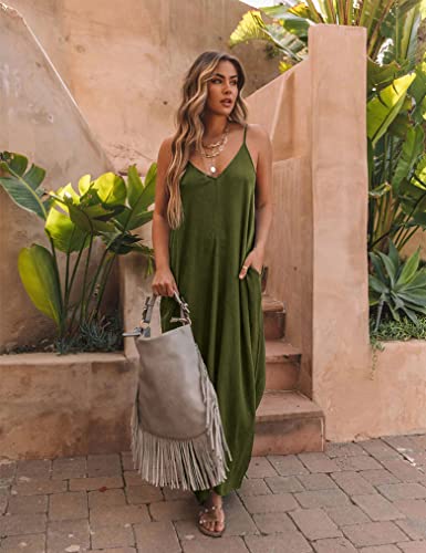 Poetsky Womens Spaghetti Strap Maxi Dress Pockets Casual Loose Cami Long Summer Dress (S, Army Green) - Image 5