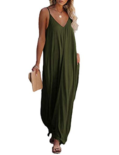 Poetsky Womens Spaghetti Strap Maxi Dress Pockets Casual Loose Cami Long Summer Dress (S, Army Green) - Image 1