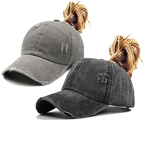 ProMindFun Womens Ponytail High Messy Bun Hats Distressed Baseball Caps Unconstructed Washed Dad Hat Girls Trucker Ponycaps - Image 1
