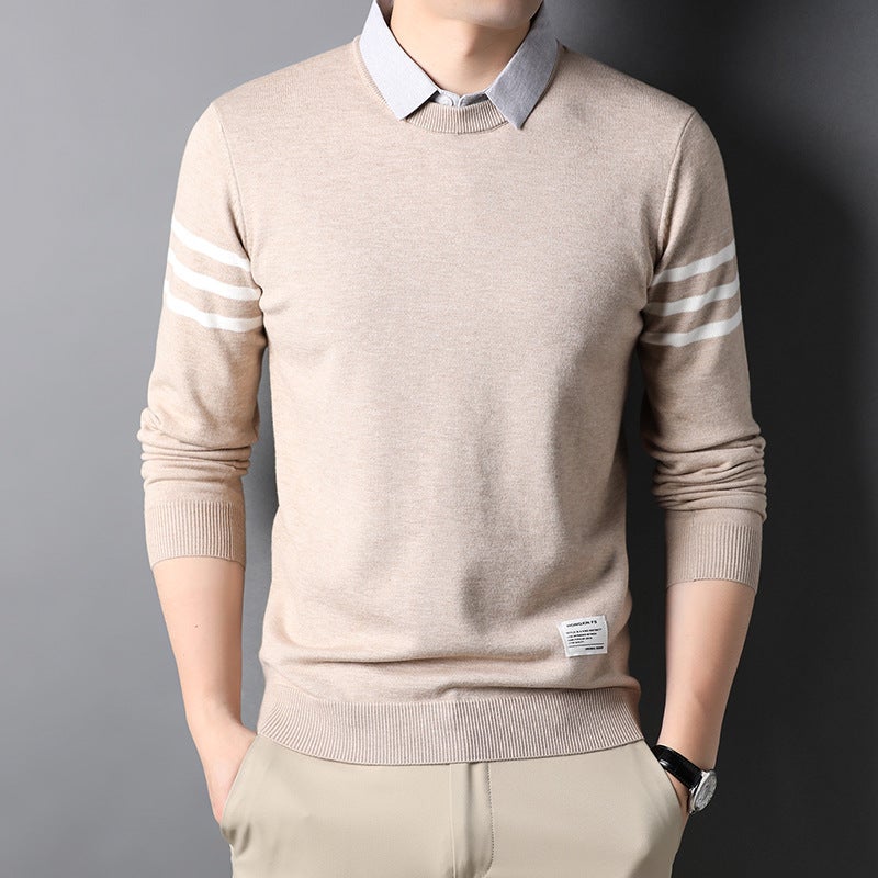 Autumn and winter men's sweater fake two-piece shirt collar pullover sweater long sleeve middle-aged British sweater men's T-shirt - Image 5