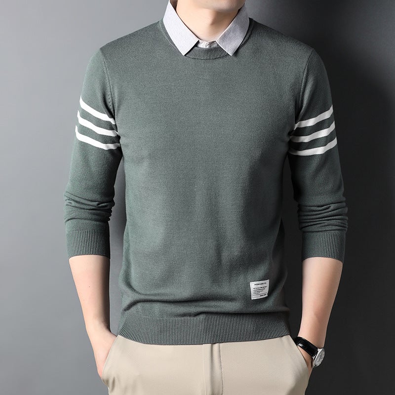 Autumn and winter men's sweater fake two-piece shirt collar pullover sweater long sleeve middle-aged British sweater men's T-shirt - Image 4