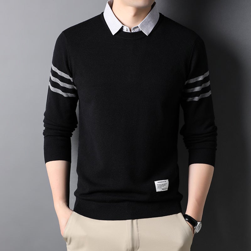 Autumn and winter men's sweater fake two-piece shirt collar pullover sweater long sleeve middle-aged British sweater men's T-shirt - Image 3