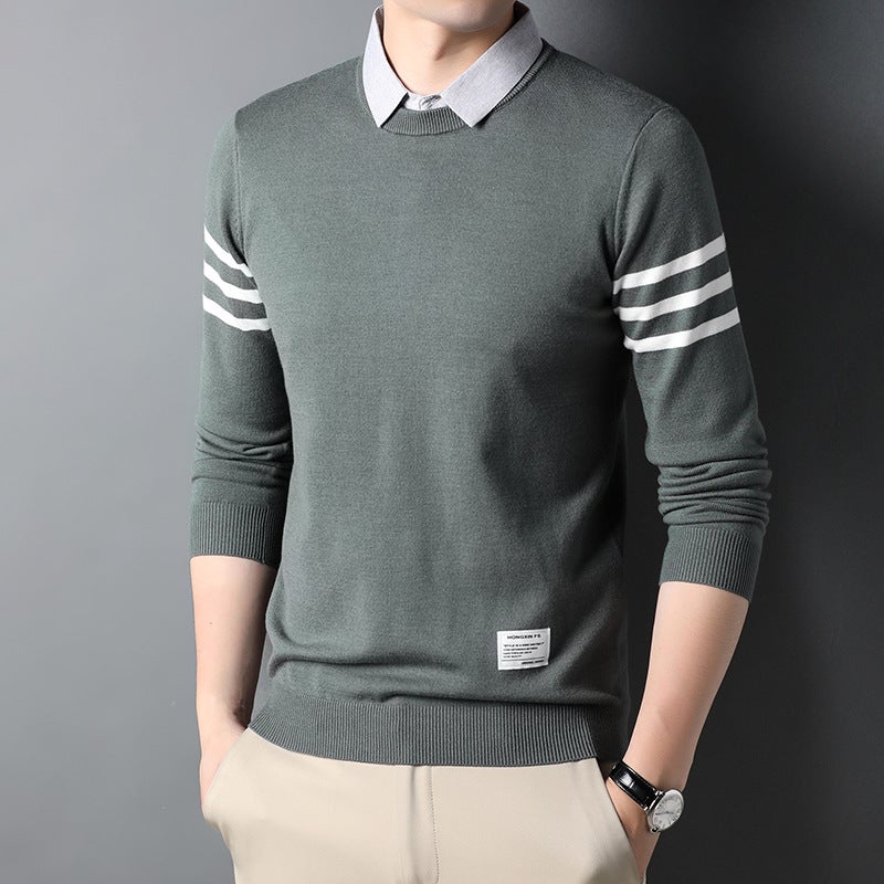 Autumn and winter men's sweater fake two-piece shirt collar pullover sweater long sleeve middle-aged British sweater men's T-shirt - Image 1
