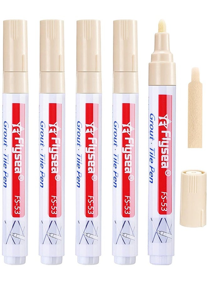 Flysea 5 Pieces Tile Pen Wall Grout Restorer Pen Repair Marker Grout Filler Pen For Restoring Tile Grout Wall Floor Bathrooms And Kitchen (Beige)  - Image 1