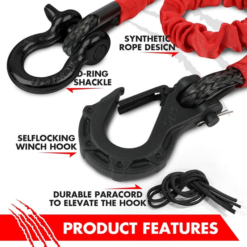 XPV AUTO Recovery Strap (18,000lb.) 2FT with Winch Hook and D-Ring Shackle Synthetic Tow Recovery Rope for ATV Mud Recovery - Image 2