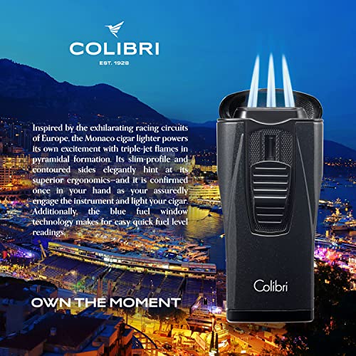 Colibri Monaco Triple Jet Flame Lighter - Windproof & Refillable, Cigar Enthusiast's Choice with Blue Fuel Window and Adjustable Flame (Metallic Black) - Image 2