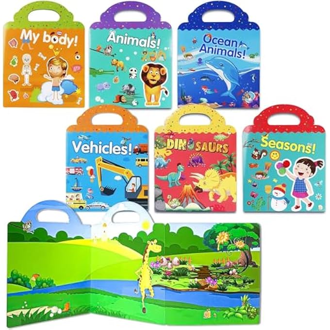 6 SET REUSABLE STICKER BOOK FOR KIDS, PRESCHOOL LEARNING ACTIVITIES QUIET BUSY BOOK FOR TODDLER TRAVEL TOYS STICKER BOOK INCLUDE OCEAN, MY BODY, VEHICLES, ANIMALS, SEASON, DINOSAUR EDUCATIONAL GIFTS - Image 1