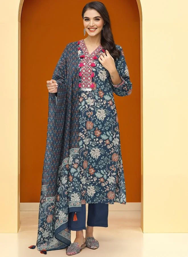 ISHIN Women'S Navy 100% Cotton Embroidered Tunic Full Length Palazzo Straight Fit Kurta Set
