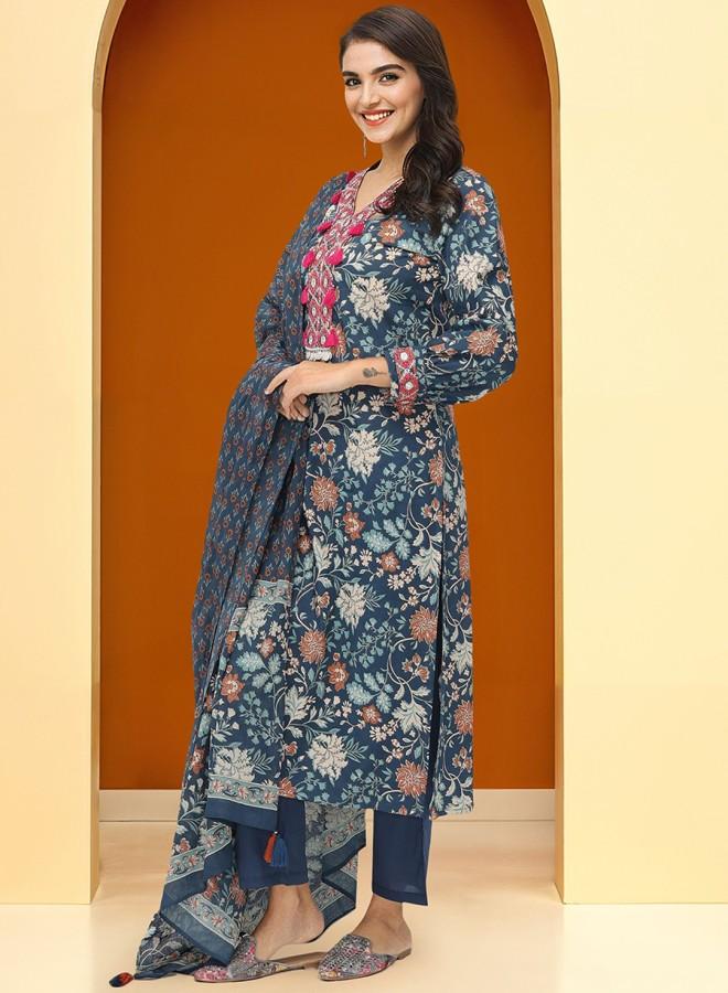 ISHIN Women'S Navy 100% Cotton Embroidered Tunic Full Length Palazzo Straight Fit Kurta Set - Image 3